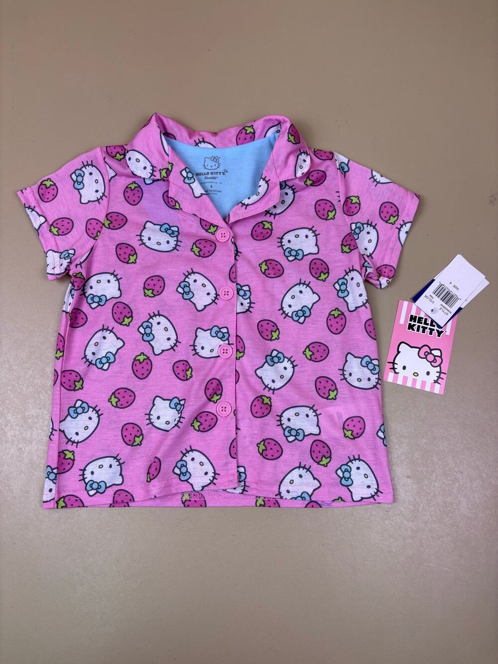 Hello Kitty Girls Pajama Top Size 6 Pink Strawberry Button Up Sleep Shirt NWT